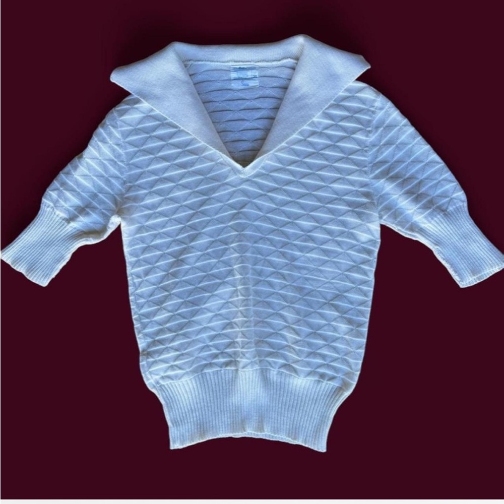 Vintage Sears Cream Textured Cotton Preppy Sweater Wide Collar V Neck Polo Style